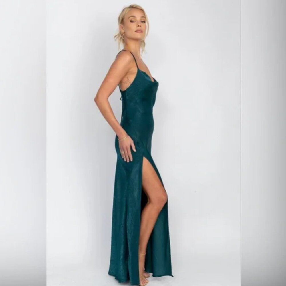 RESA Emerald Green Satin Maxi Dress with Side Slit - Picture 4 of 8